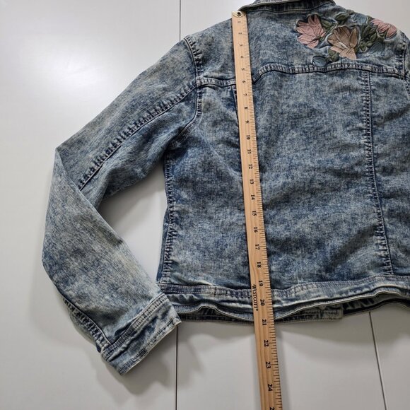 Suko Jeans Denim Jacket Women L Blue Acid Wash Floral Embroidery Stretch Y2K - Picture 7 of 16